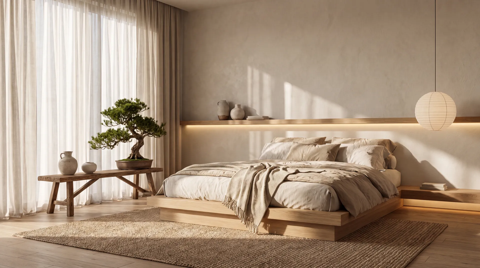 Cozy Japandi Bedroom with Natural Wood and Soft Textures