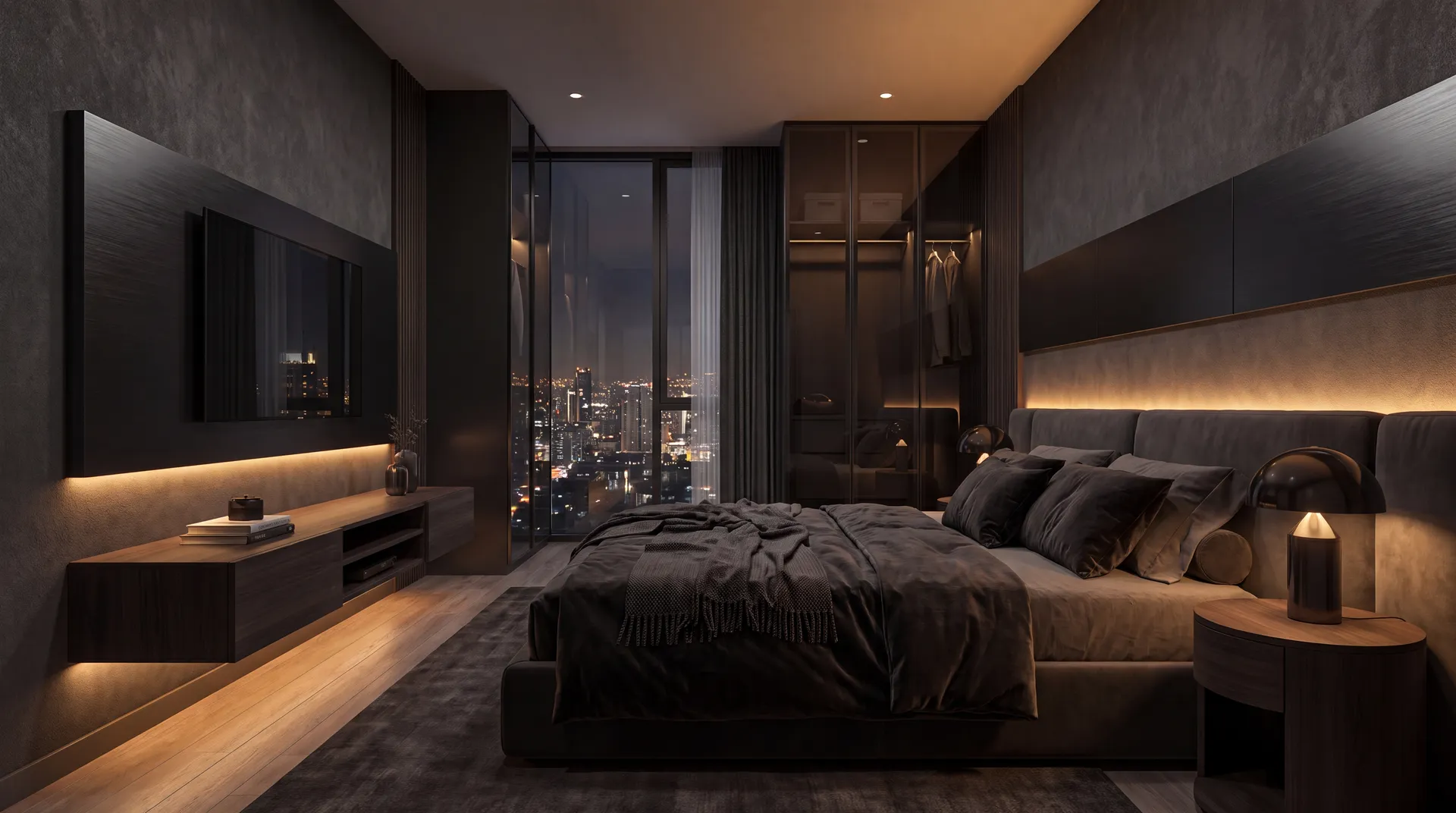 Dark Modern Luxury Bedroom with Stunning City Views
